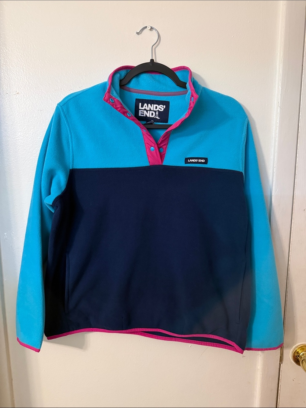 Lands' End Women's Colorblock Pullover - Aqua, Navy & Pink Trim
